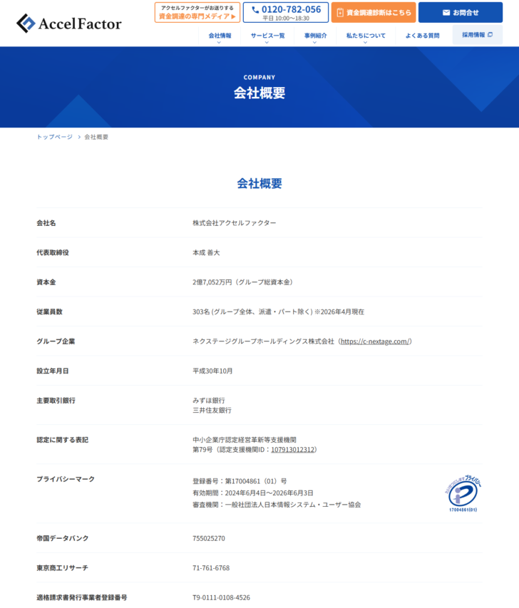 株式会社アクセルファクターの会社概要ページの公式キャプチャ。代表取締役、資本金、従業員数、設立年月日、経営革新等支援機関の認定番号、プライバシーマークなどが表示されている