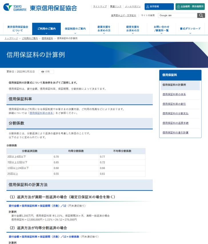 東京信用保証協会の信用保証料の計算例のページの画面キャプチャ。分割係数の表と、満期一括返済および均等分割返済の場合の計算式と計算例が掲載されている