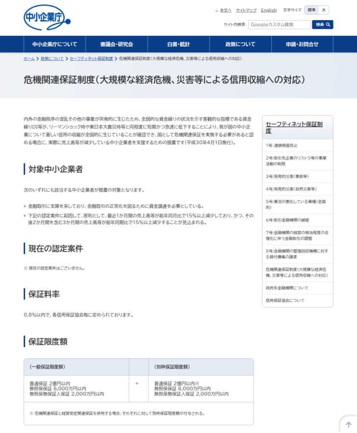 中小企業庁の危機関連保証制度のページの画面キャプチャ。制度の説明と対象中小企業者の2条件、現在の認定案件はございませんという記載、保証料率0.8パーセント以内、一般保証限度額と別枠保証限度額を並べた表が掲載されている