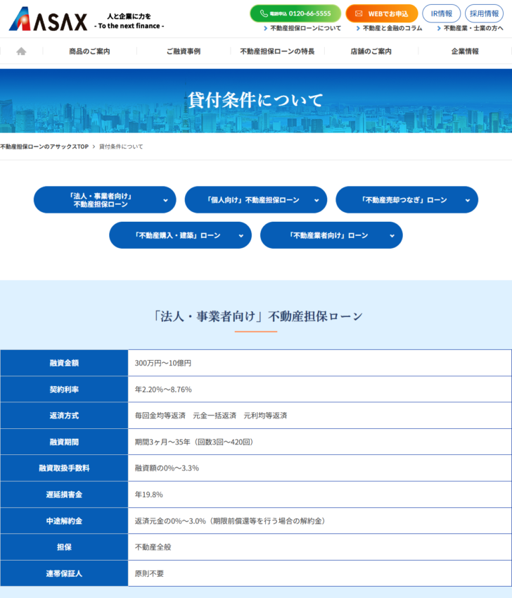 アサックスの公式ページのキャプチャ。法人・事業者向け不動産担保ローンの貸付条件が表で示されている
