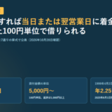 大同生命の契約者貸付の条件を3つのカードで示した図。着金は当日から翌営業日、貸付金額の単位は5,000円から100円単位、1999年4月2日以降の利率は年2.25%