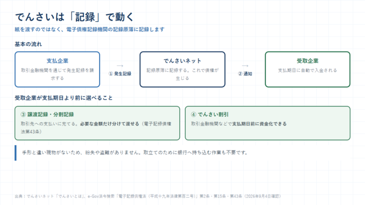 支払企業が発生記録を請求し、でんさいネットが記録原簿に記録して受取企業へ通知され、支払期日に自動入金される流れと、受取企業が譲渡記録・分割記録やでんさい割引を選べることを示した図