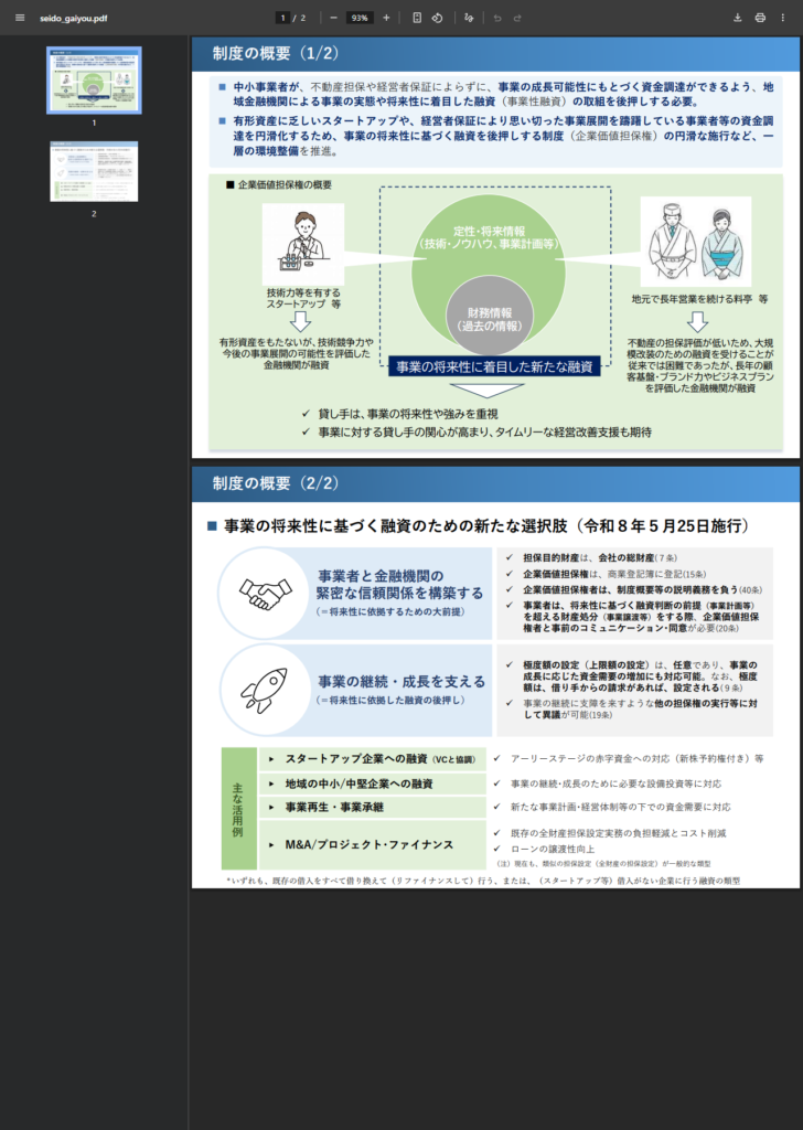 金融庁の企業価値担保権 制度の概要の公式資料。事業の将来性に基づく融資のための新たな選択肢として令和8年5月25日施行と示され、担保目的財産は会社の総財産(7条)、商業登記簿に登記(15条)、極度額の設定は任意(9条)と記載されている