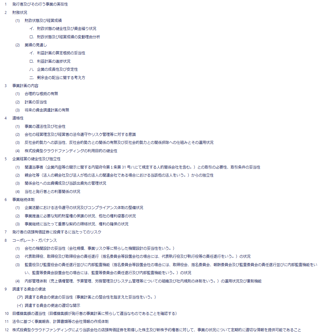 FUNDINNOの取扱要領第3条で審査項目が12の大項目と細目に分けて列挙されている画面