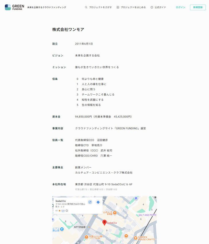 GREEN FUNDINGの運営会社ページ。株式会社ワンモアの設立年月日、資本金、事業内容、役員一覧、主要株主が一覧で表示されている
