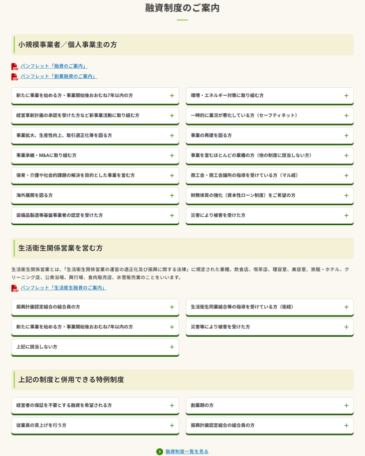 日本政策金融公庫の国民生活事業 融資制度のご案内のキャプチャ。小規模事業者/個人事業主の方の入口が14項目、生活衛生関係営業を営む方の入口が5項目、併用できる特例制度が4項目、それぞれ折りたたみ式のリストとして並んでいる画面
