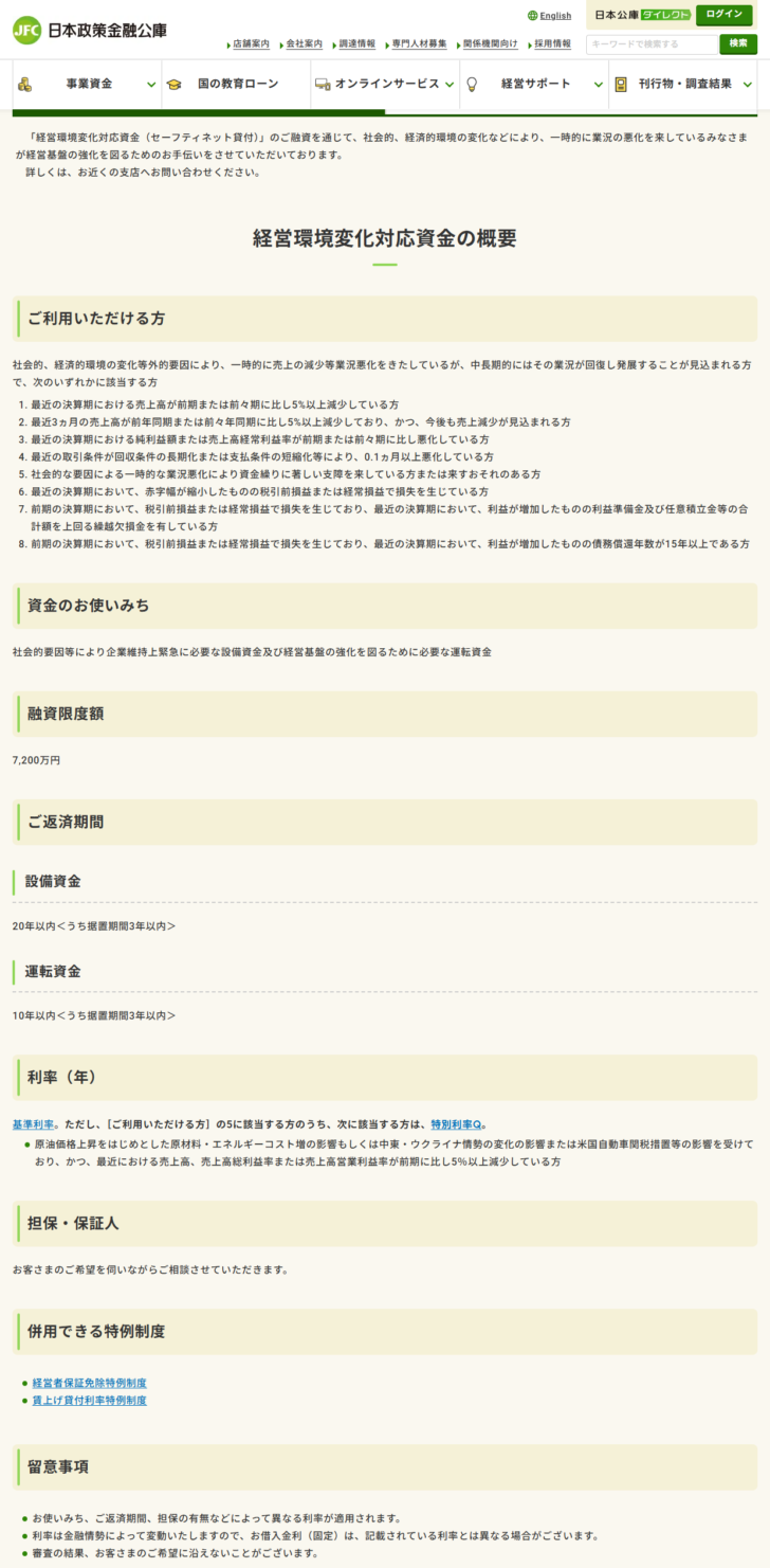 日本政策金融公庫の公式サイトのキャプチャ。経営環境変化対応資金の概要として、ご利用いただける方の8つの該当事由、資金のお使いみち、融資限度額7,200万円、ご返済期間 設備資金20年以内・運転資金10年以内(いずれも据置期間3年以内)、利率(年)基準利率と特別利率Q、担保・保証人、併用できる特例制度が表示されている画面