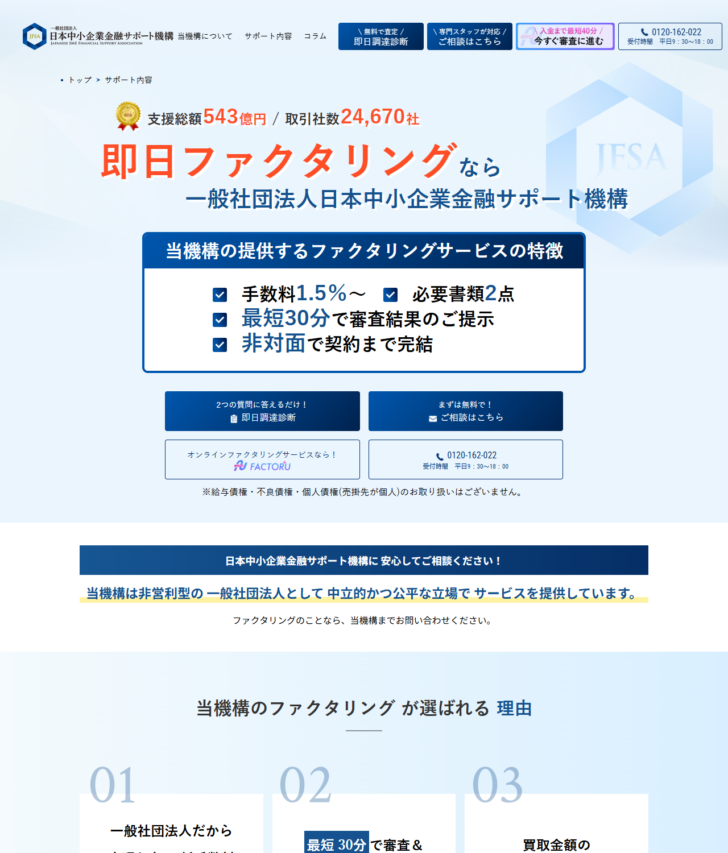 日本中小企業金融サポート機構のファクタリング紹介ページの公式キャプチャ。手数料1.5%〜、必要書類2点、最短30分で審査結果、非対面で契約まで完結と表示されている