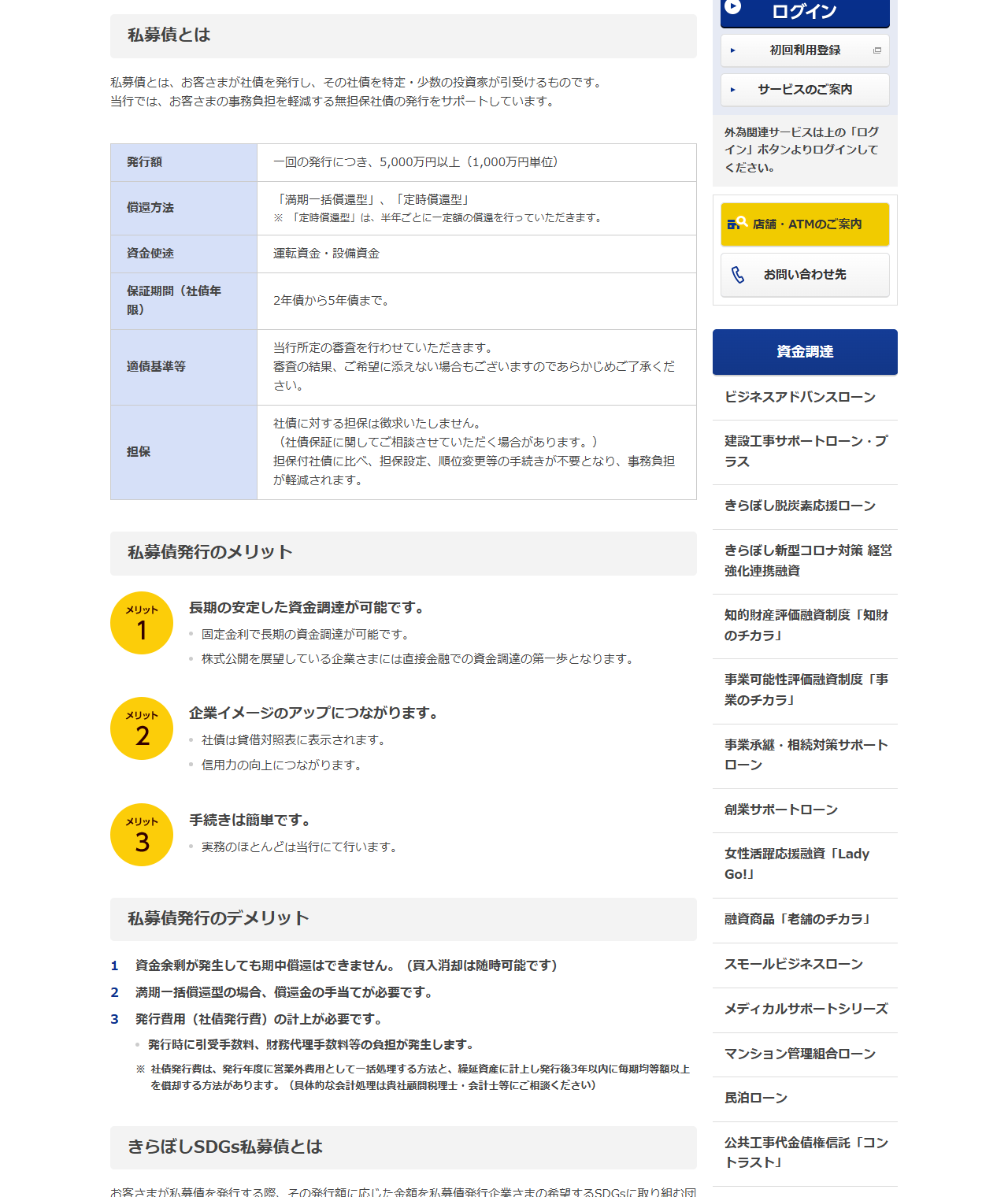 きらぼし銀行の銀行保証付私募債のページの画面。私募債とはの表に発行額は一回の発行につき5,000万円以上(1,000万円単位)、償還方法は満期一括償還型と定時償還型、資金使途は運転資金・設備資金、保証期間(社債年限)は2年債から5年債まで、担保は社債に対する担保は徴求しないと並び、その下に私募債発行のメリット3点と私募債発行のデメリット3点が番号付きで表示されている