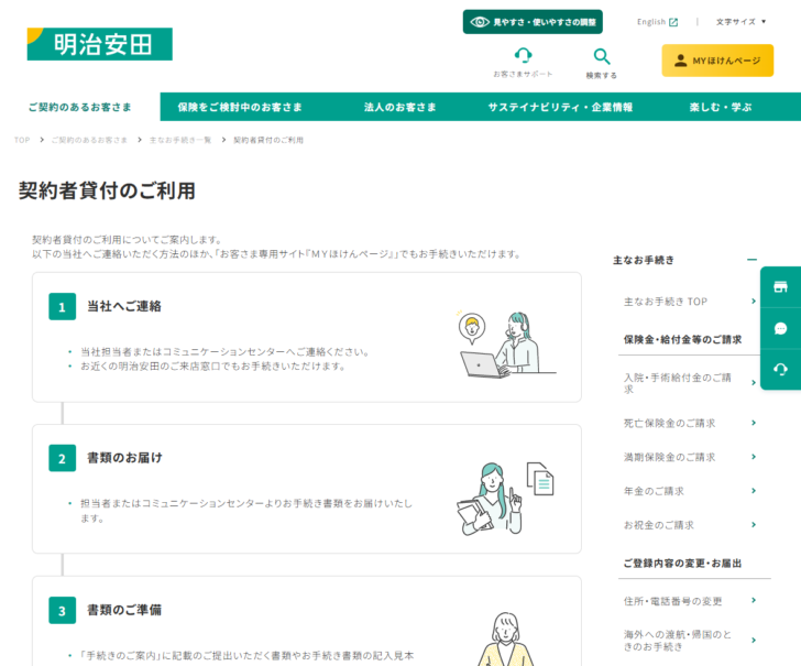 明治安田の公式ページ「契約者貸付のご利用」の画面。当社へご連絡、書類のお届け、書類のご準備、書類のご提出、お手続き完了という5段階の流れが番号付きで示されている