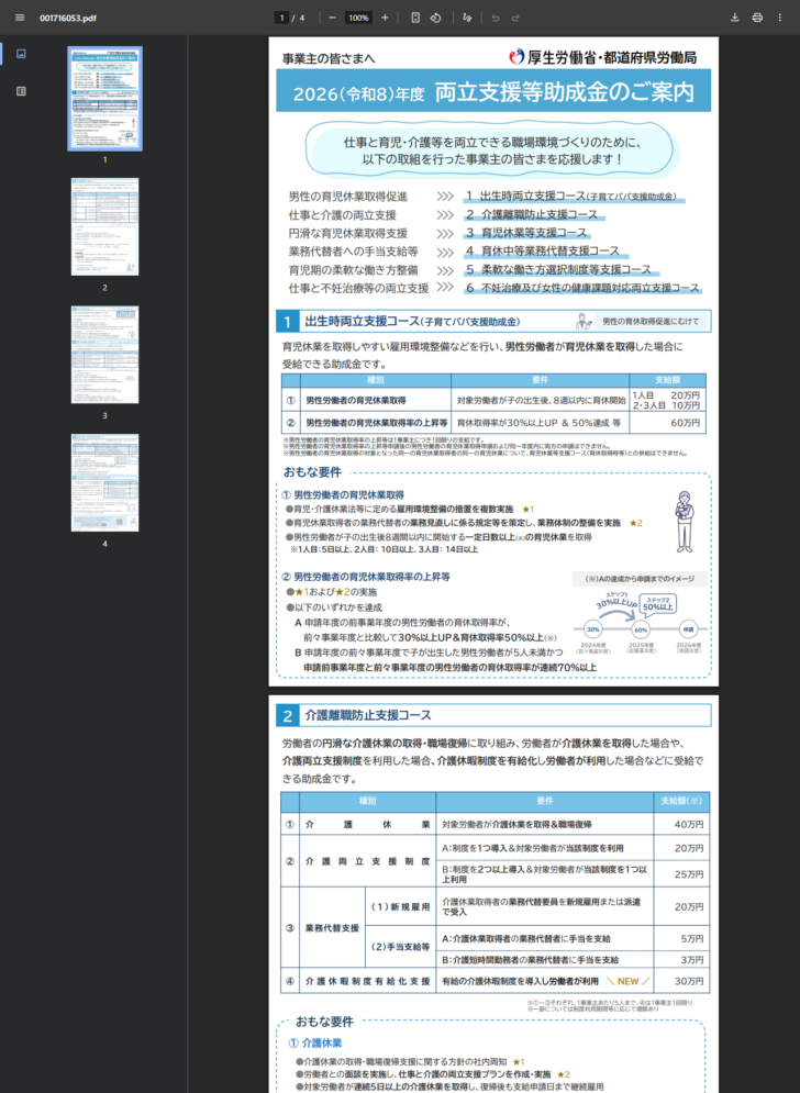 厚生労働省の両立支援等助成金のご案内リーフレットで、6コースの対応表と出生時両立支援コース・介護離職防止支援コースの支給額が示されている画面キャプチャ