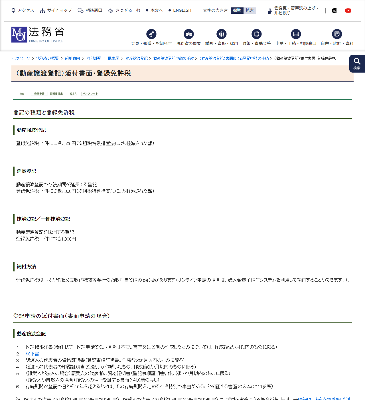 法務省の動産譲渡登記の添付書面・登録免許税のページ。動産譲渡登記は1件につき7,500円、延長登記は3,000円、抹消登記は1,000円と示されている