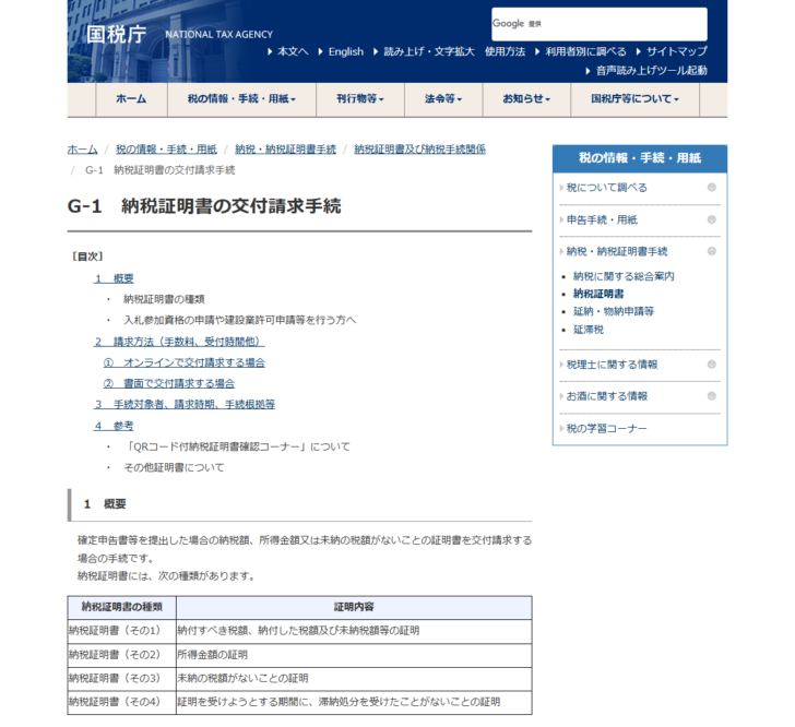国税庁の公式サイトの画面。G-1 納税証明書の交付請求手続のページで、納税証明書の種類としてその1からその4までの証明内容が表に並び、入札参加資格の申請や建設業許可申請等を行う方へという案内が続いている