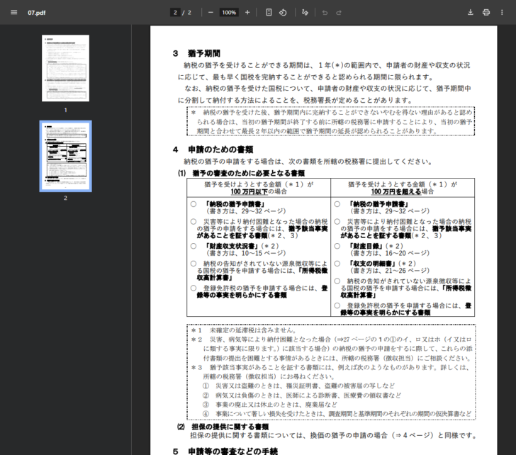 国税庁の公式資料「猶予の申請の手引」を開いた画面。申請のための書類の表が100万円以下の場合と100万円を超える場合に分かれ、注記に猶予該当事実があることを証する書類の例として罹災証明書、盗難の被害届の写し、医師による診断書、医療費の領収書、廃業届、調査期間と基準期間の仮決算書が挙げられている
