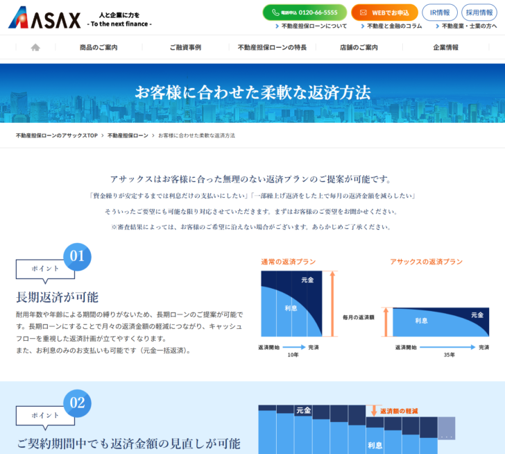 アサックスのお客様に合わせた柔軟な返済方法のページの画面。長期返済が可能という項目に、お利息のみの支払いも可能(元金一括返済)と書かれている