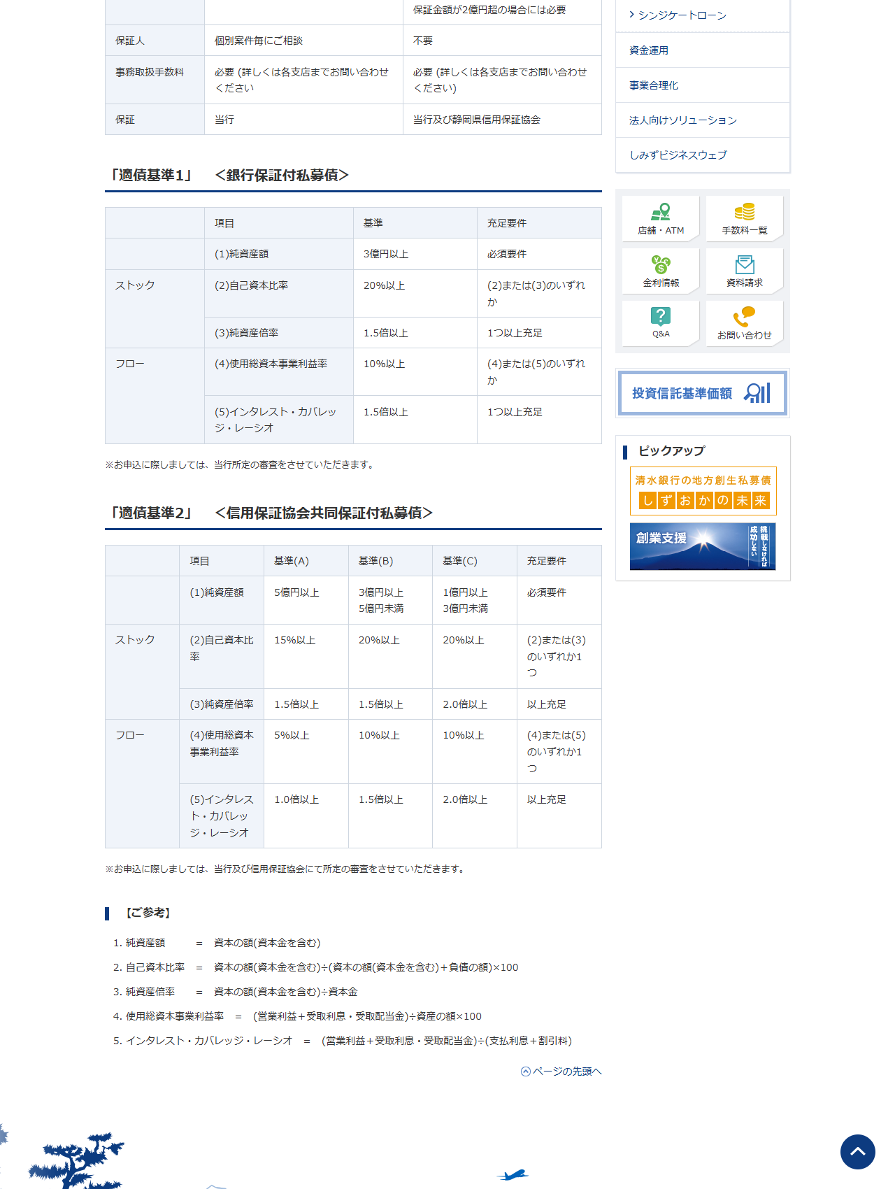清水銀行の私募債のページの画面。適債基準1 銀行保証付私募債の表に純資産額3億円以上が必須要件、自己資本比率20%以上または純資産倍率1.5倍以上、使用総資本事業利益率10%以上またはインタレスト・カバレッジ・レーシオ1.5倍以上と並び、その下の適債基準2 信用保証協会共同保証付私募債の表に基準A・B・Cごとの純資産額5億円以上、3億円以上5億円未満、1億円以上3億円未満が並んでいる